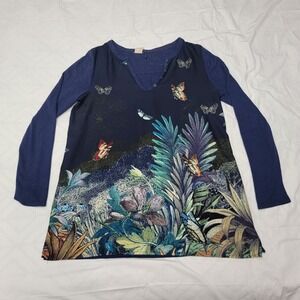 Anthropologie Akemi + Kin Linen Blend Tropical Butterfly Henley Blue Tunic Top L